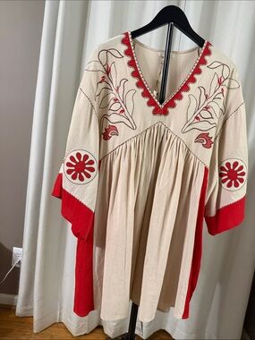 easel Cream and Red Embroidered V-Neck Boho Dress